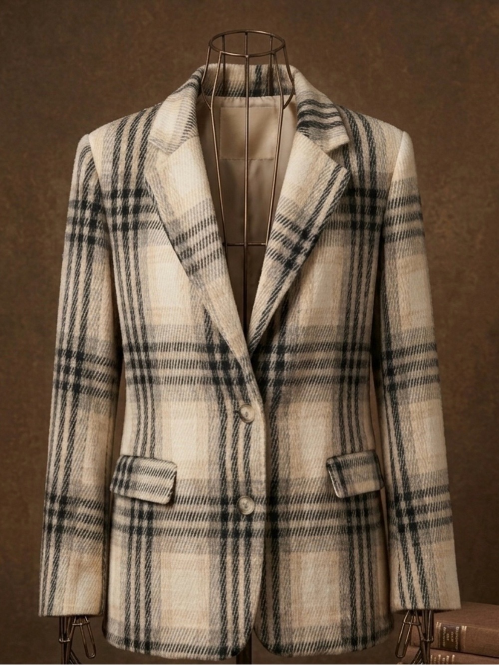 Womens Beige Plaid Tailored Blazer Jacket